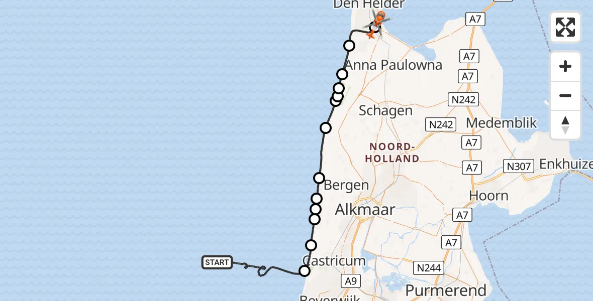 Vluchtroute Kustwachthelikopter van Noordzee naar Militair vliegveld De Kooy / Den Helder Airport
