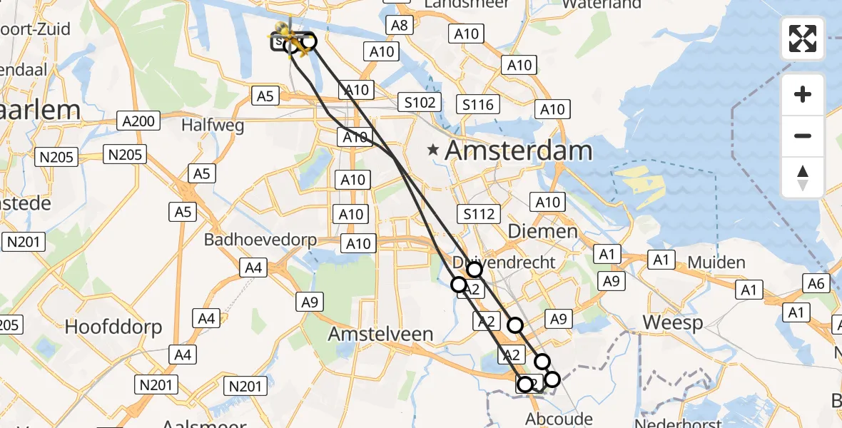 Vluchtroute Traumahelikopter van Amsterdam Heliport naar Amsterdam Heliport