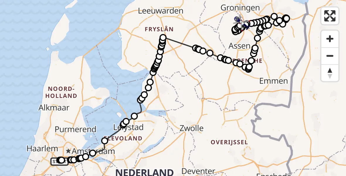 Vluchtroute Politiehelikopter van Amsterdam Vliegveld Schiphol naar Groningen Airport Eelde