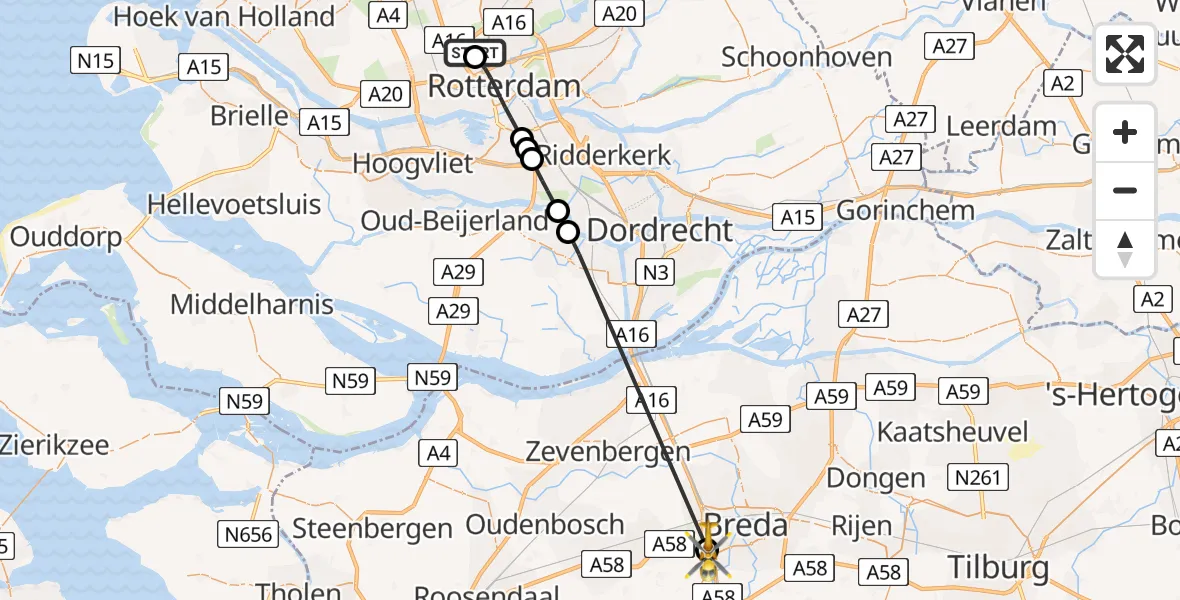 Vluchtroute Traumahelikopter van Rotterdam The Hague Airport naar Breda