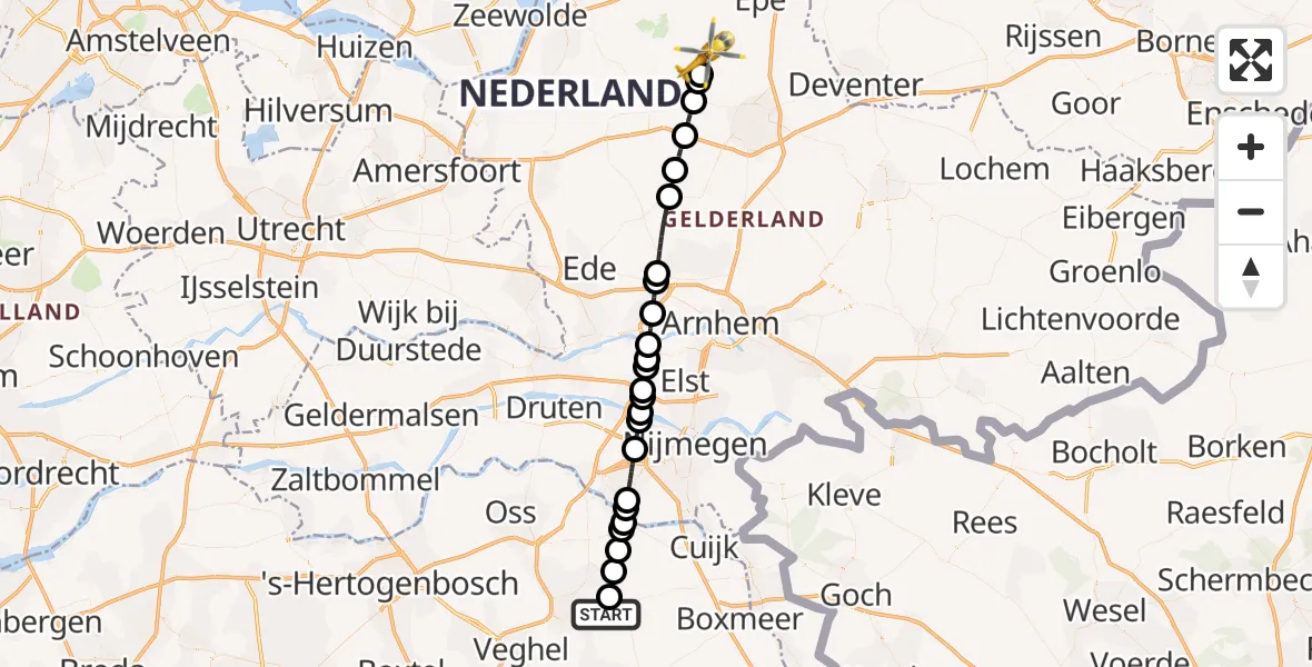 Vluchtroute Traumahelikopter van Vliegbasis Volkel naar Vaassen