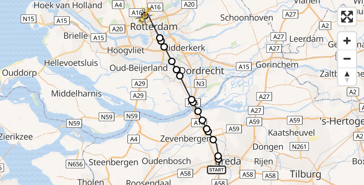 Vluchtroute Traumahelikopter van Breda naar Rotterdam The Hague Airport