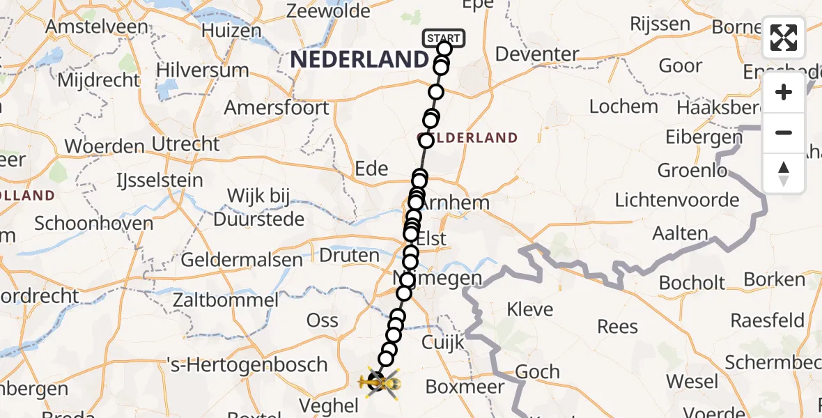 Vluchtroute Traumahelikopter van Vaassen naar Vliegbasis Volkel
