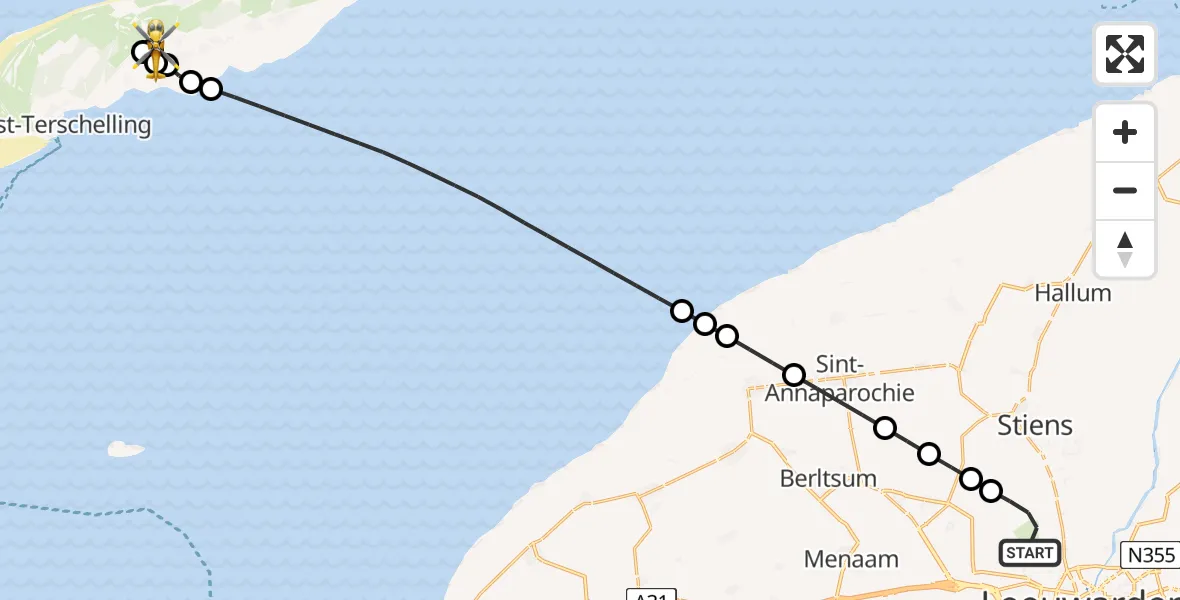Vluchtroute Ambulancehelikopter van Vliegbasis Leeuwarden naar Terschelling Heliport