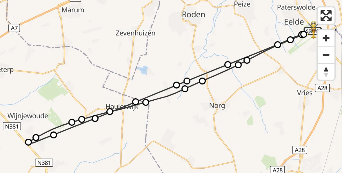 Vluchtroute Traumahelikopter van Groningen Airport Eelde naar Groningen Airport Eelde
