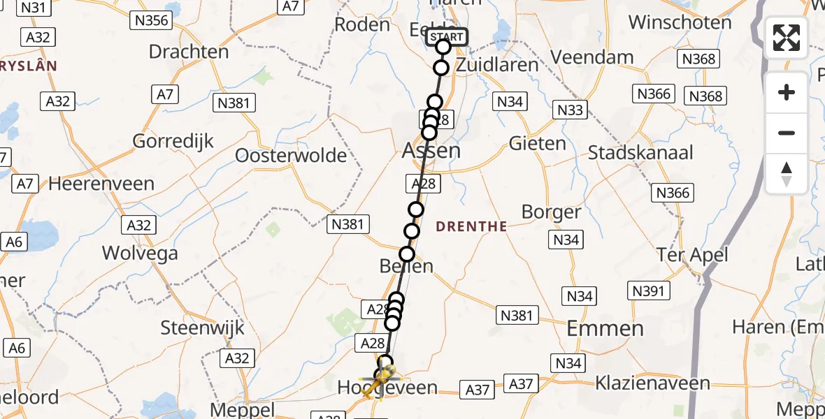 Vluchtroute Traumahelikopter van Groningen Airport Eelde naar Hoogeveen