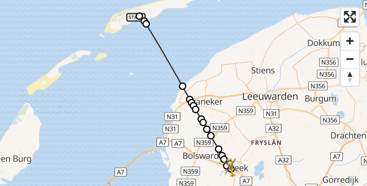 Vluchtroute Ambulancehelikopter van Terschelling Heliport naar Antonius Hospital Heliport