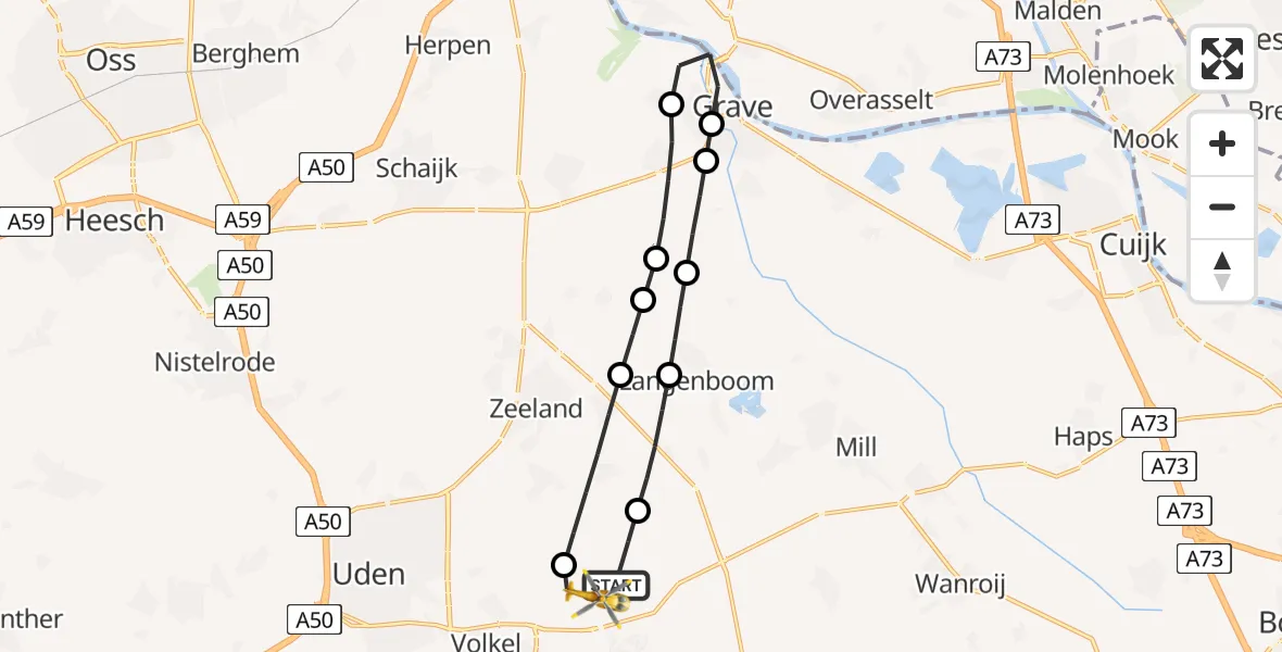 Vluchtroute Traumahelikopter van Vliegbasis Volkel naar Vliegbasis Volkel
