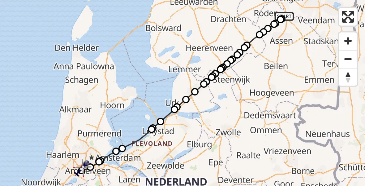 Vluchtroute Politiehelikopter van Groningen Airport Eelde naar Amsterdam Vliegveld Schiphol