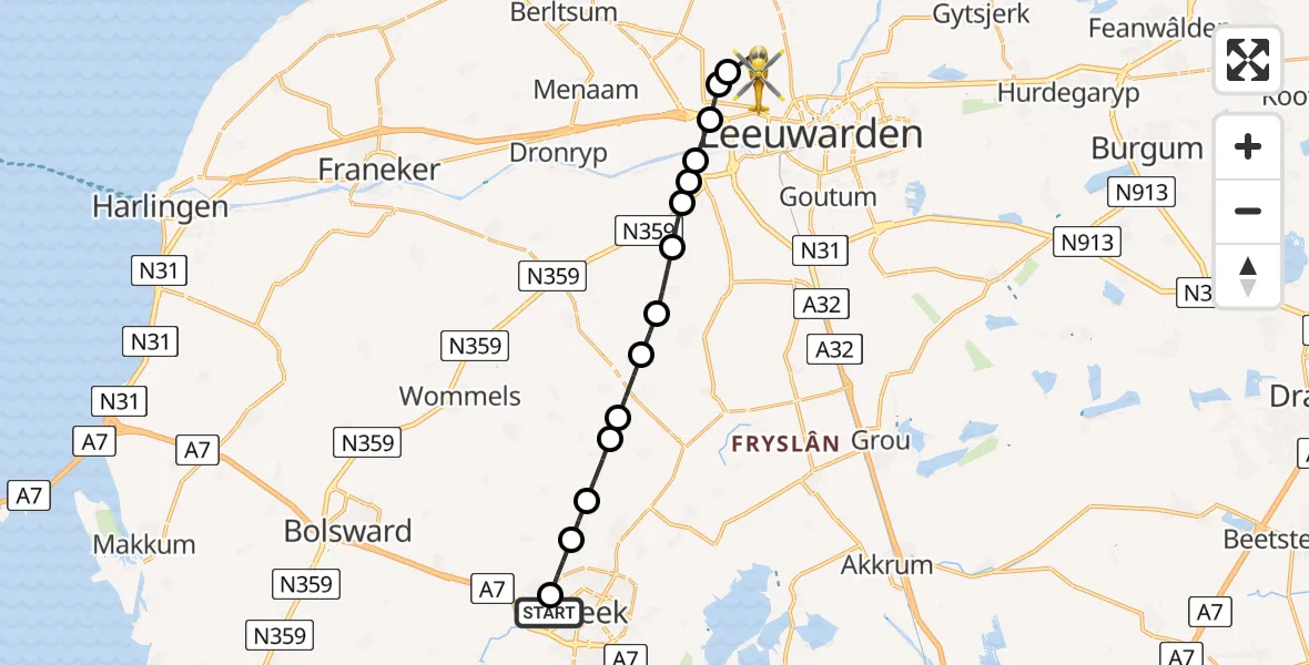 Vluchtroute Ambulancehelikopter van Antonius Hospital Heliport naar Vliegbasis Leeuwarden