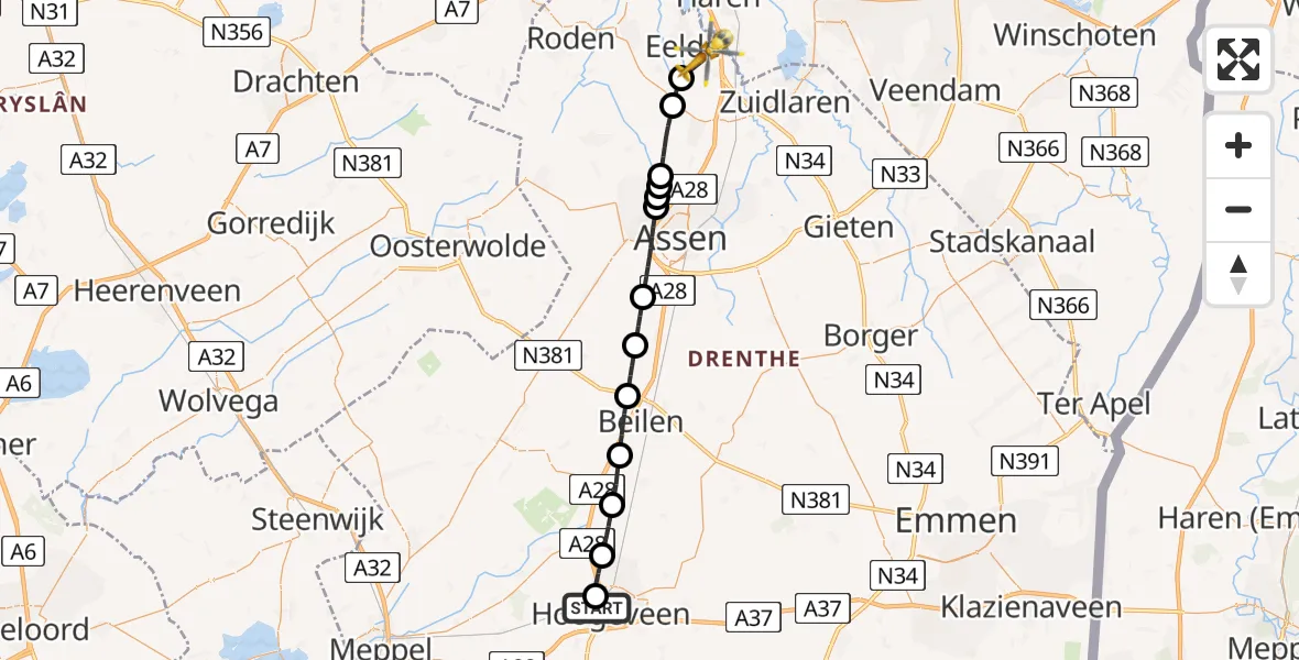 Vluchtroute Traumahelikopter van Hoogeveen naar Groningen Airport Eelde