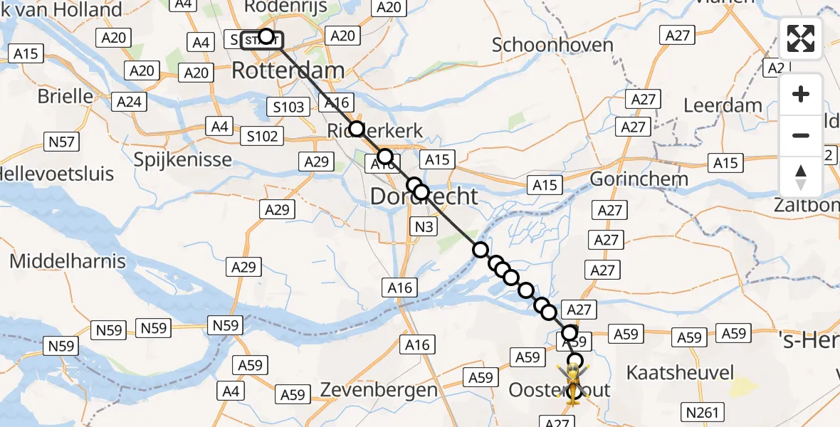Vluchtroute Traumahelikopter van Rotterdam The Hague Airport naar Oosterhout