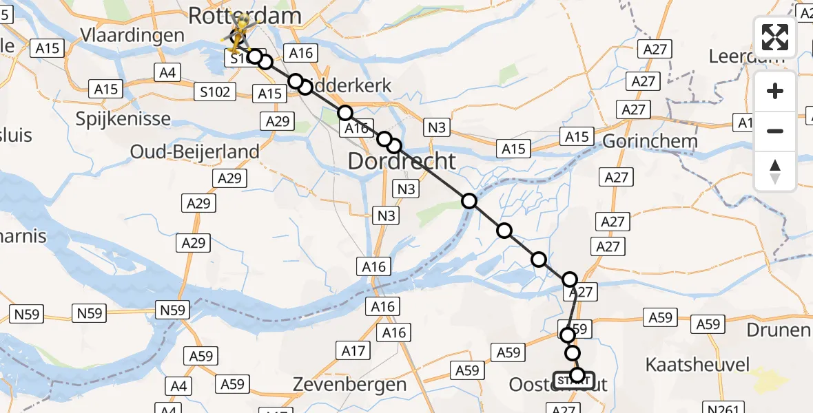 Vluchtroute Traumahelikopter van Oosterhout naar Erasmus MC