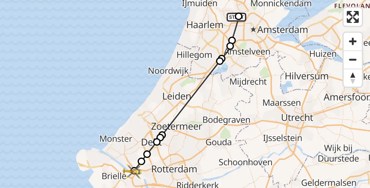 Vluchtroute Traumahelikopter van Amsterdam Heliport naar Maassluis