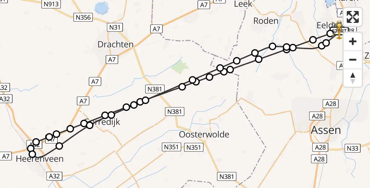 Vluchtroute Traumahelikopter van Groningen Airport Eelde naar Groningen Airport Eelde