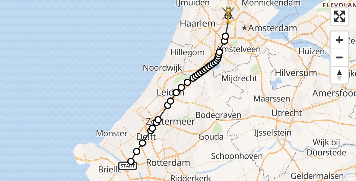 Vluchtroute Traumahelikopter van Maassluis naar Amsterdam Heliport