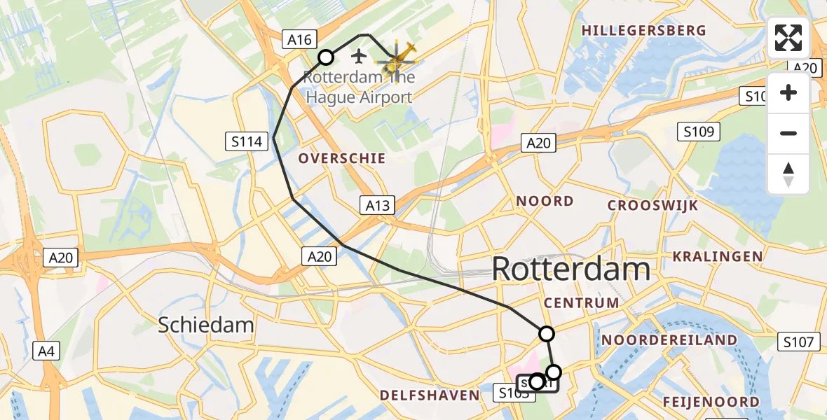 Vluchtroute Traumahelikopter van Erasmus MC naar Rotterdam The Hague Airport