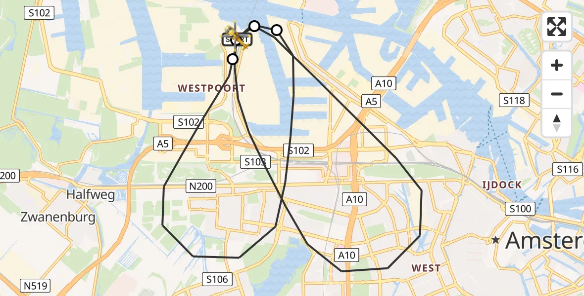 Vluchtroute Traumahelikopter van Amsterdam Heliport naar Amsterdam Heliport