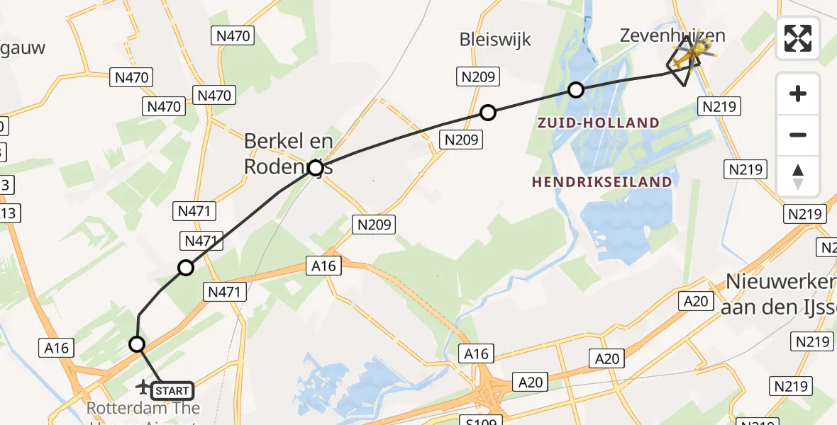Vluchtroute Traumahelikopter van Rotterdam The Hague Airport naar Zevenhuizen