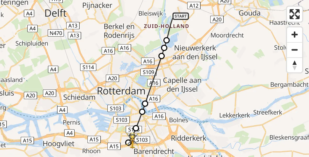 Vluchtroute Traumahelikopter van Zevenhuizen naar Barendrecht