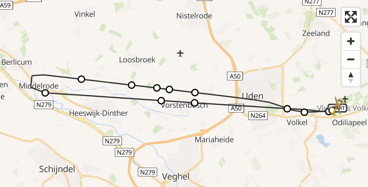 Vluchtroute Traumahelikopter van Vliegbasis Volkel naar Vliegbasis Volkel
