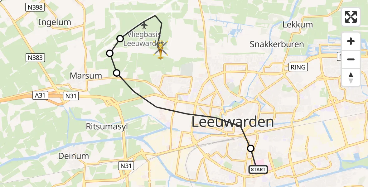 Vluchtroute Ambulancehelikopter van Leeuwarden Medical Center Heliport naar Vliegbasis Leeuwarden