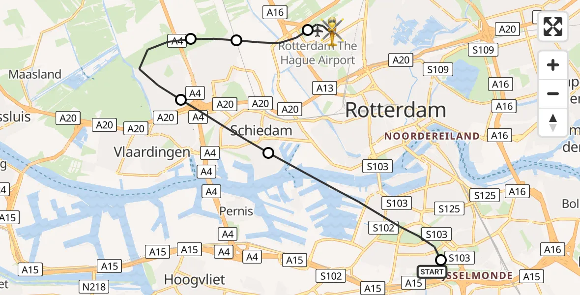 Vluchtroute Traumahelikopter van Barendrecht naar Rotterdam The Hague Airport