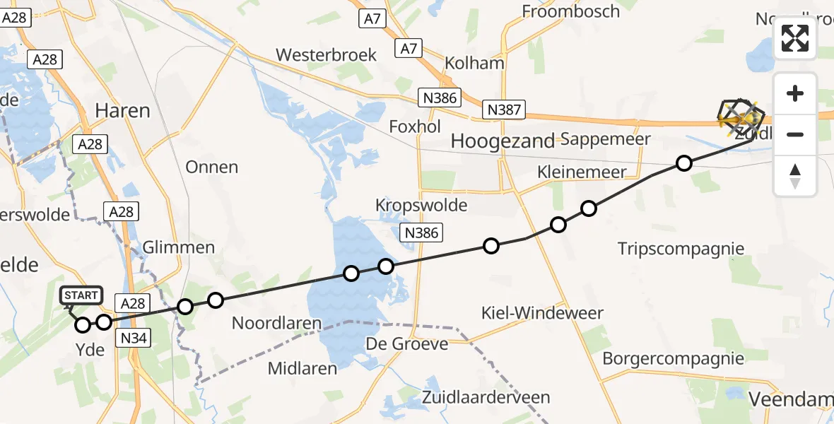Vluchtroute Traumahelikopter van Groningen Airport Eelde naar Zuidbroek