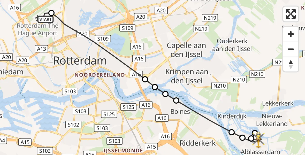 Vluchtroute Traumahelikopter van Rotterdam The Hague Airport naar Alblasserdam