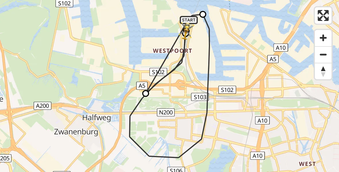 Vluchtroute Traumahelikopter van Amsterdam Heliport naar Amsterdam Heliport