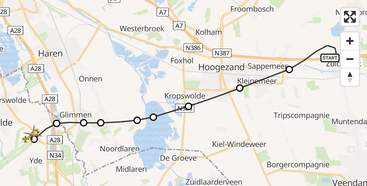 Vluchtroute Traumahelikopter van Zuidbroek naar Groningen Airport Eelde