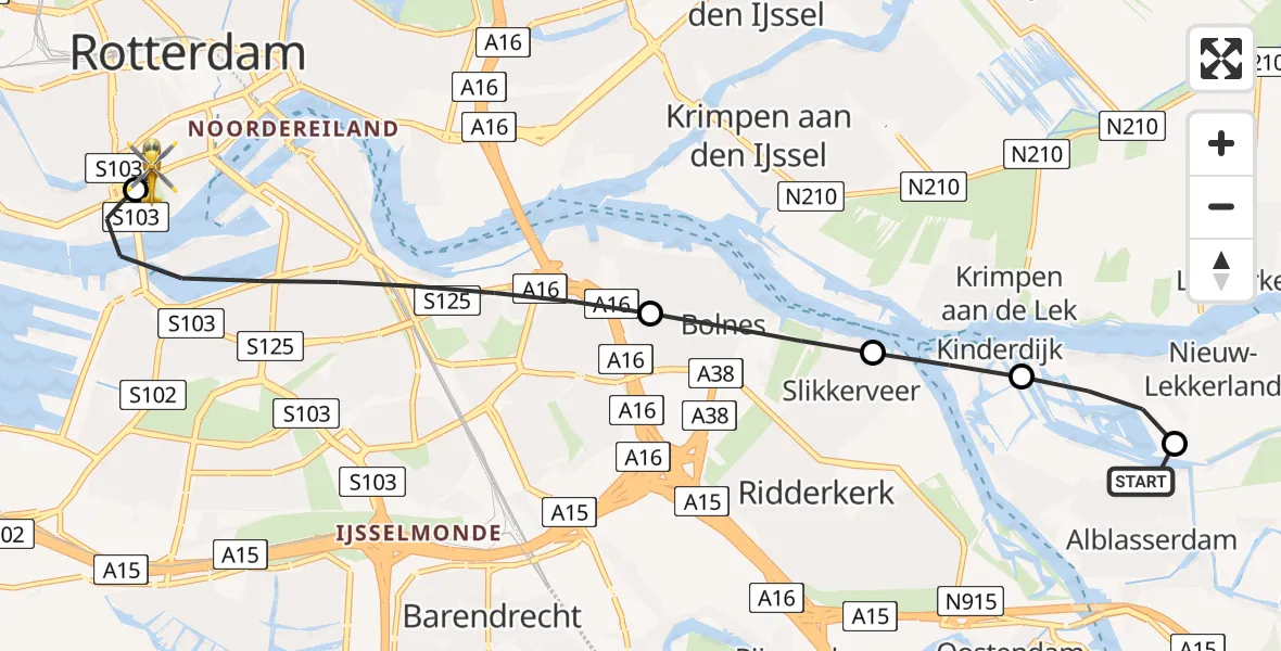Vluchtroute Traumahelikopter van Alblasserdam naar Erasmus MC