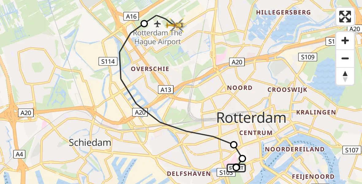Vluchtroute Traumahelikopter van Erasmus MC naar Rotterdam The Hague Airport