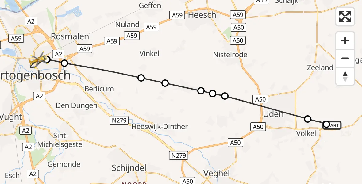 Vluchtroute Traumahelikopter van Vliegbasis Volkel naar 's-Hertogenbosch