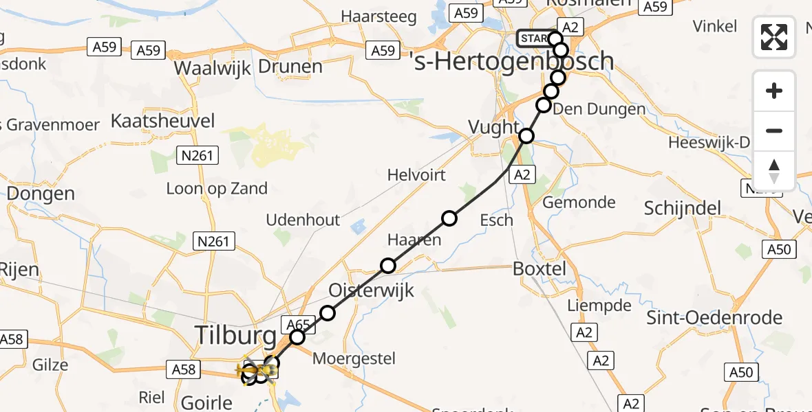 Vluchtroute Traumahelikopter van 's-Hertogenbosch naar St. Elisabeth Hospital Heliport