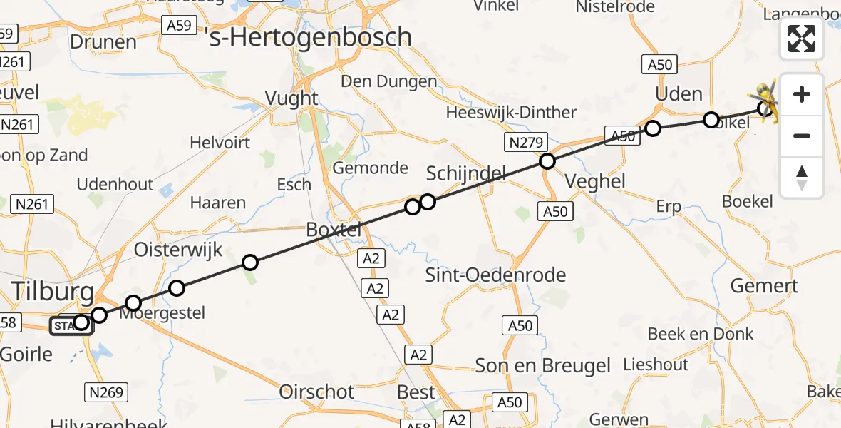 Vluchtroute Traumahelikopter van St. Elisabeth Hospital Heliport naar Vliegbasis Volkel