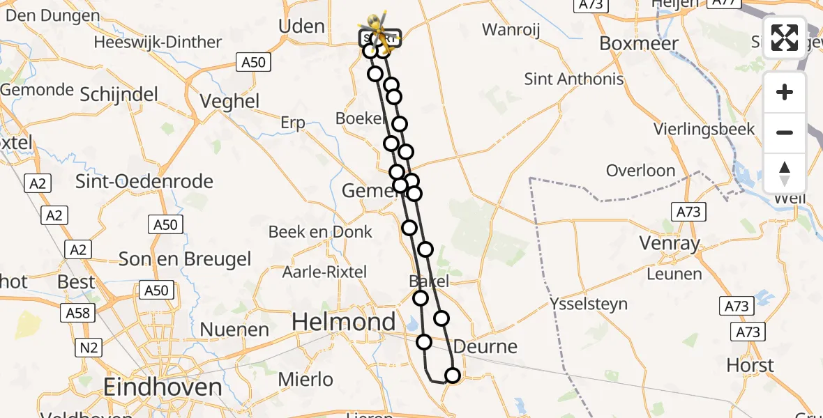 Vluchtroute Traumahelikopter van Vliegbasis Volkel naar Vliegbasis Volkel
