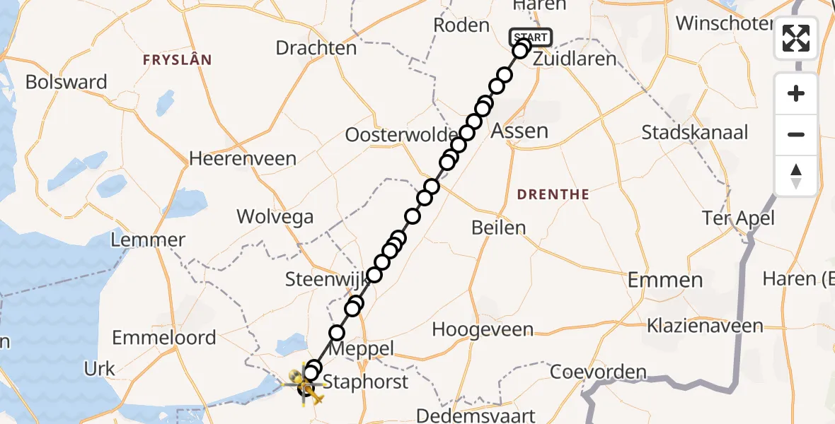 Vluchtroute Traumahelikopter van Groningen Airport Eelde naar Zwartsluis