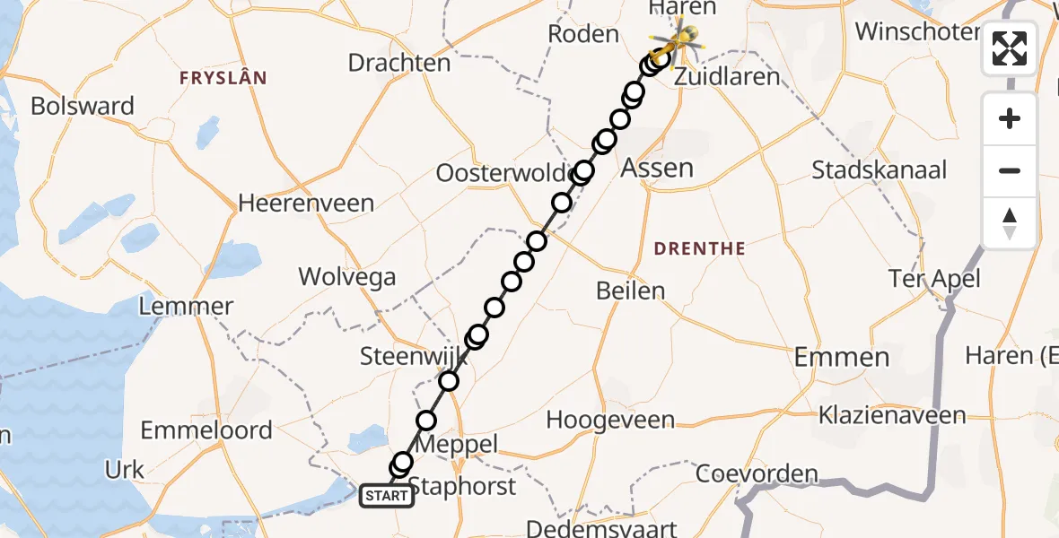 Vluchtroute Traumahelikopter van Zwartsluis naar Groningen Airport Eelde