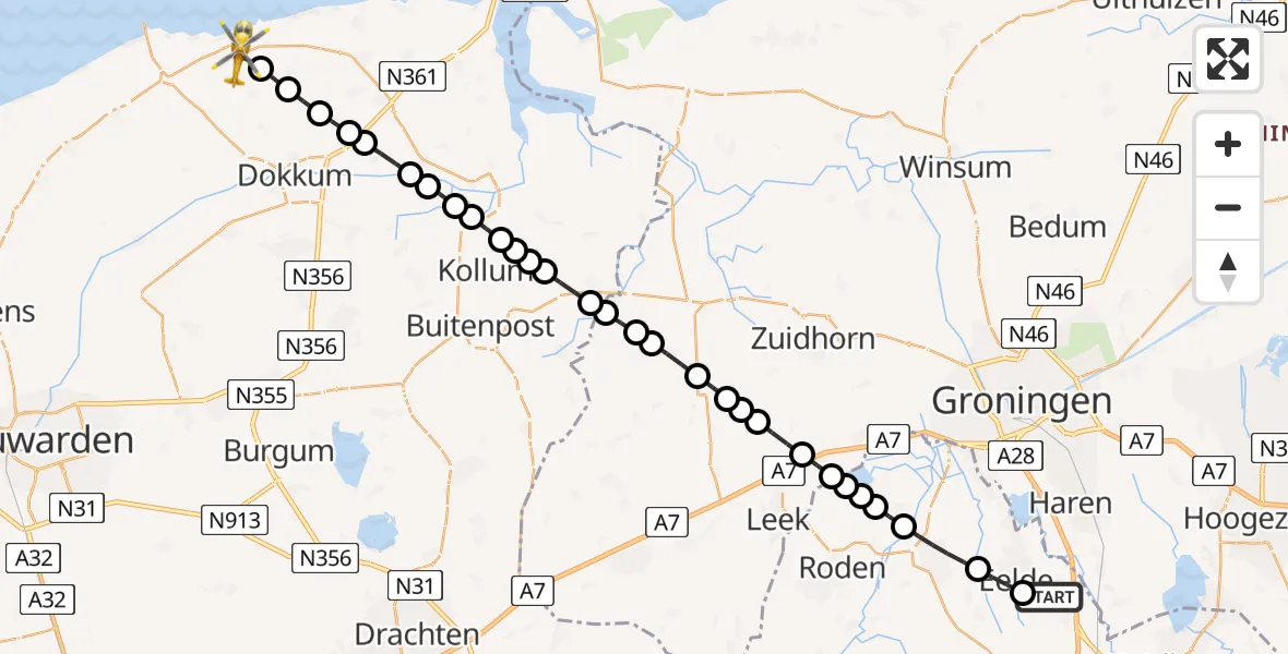 Vluchtroute Traumahelikopter van Groningen Airport Eelde naar Ternaard
