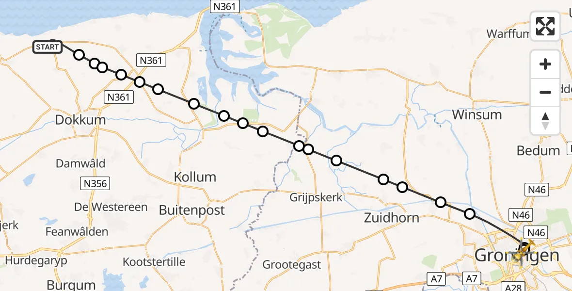 Vluchtroute Traumahelikopter van Ternaard naar Universitair Medisch Centrum Groningen