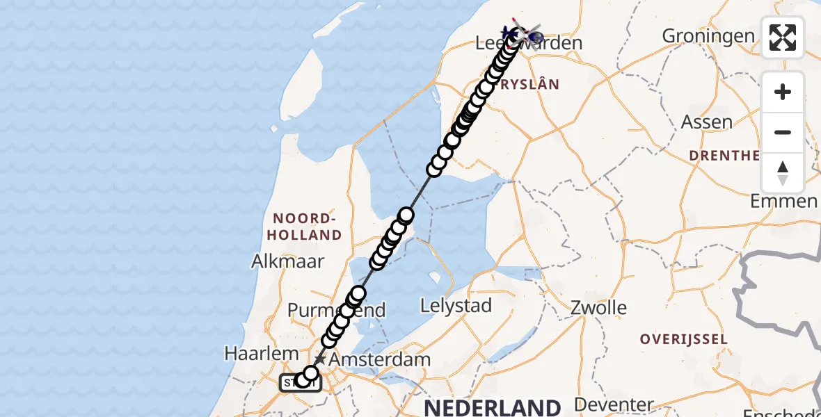 Vluchtroute Politiehelikopter van Amsterdam Vliegveld Schiphol naar Vliegbasis Leeuwarden