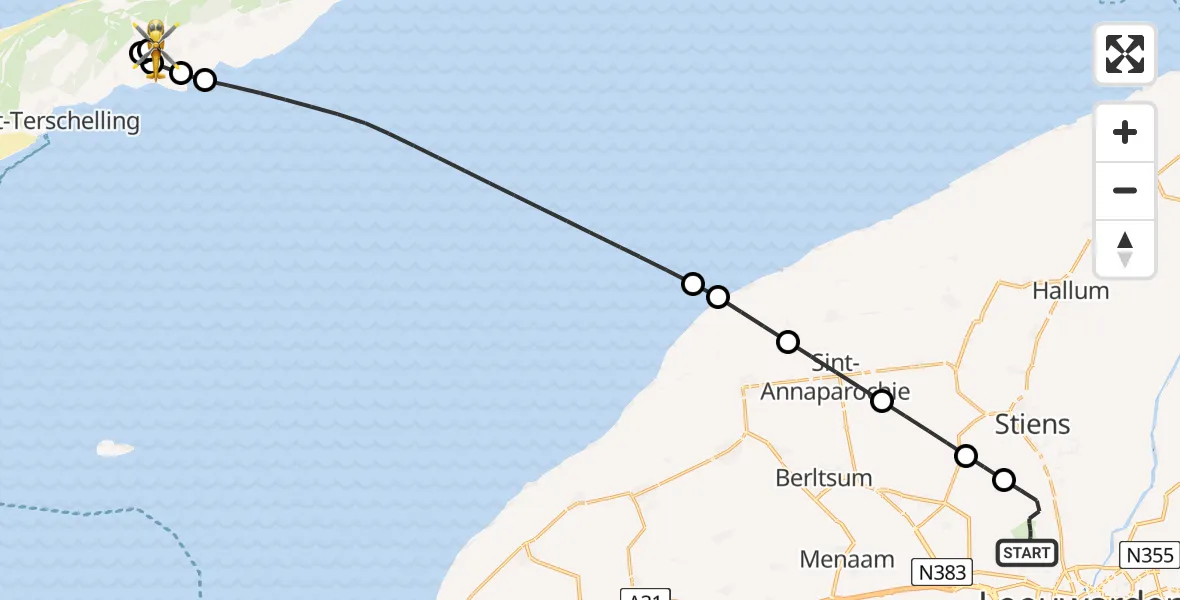 Vluchtroute Ambulancehelikopter van Vliegbasis Leeuwarden naar Terschelling Heliport