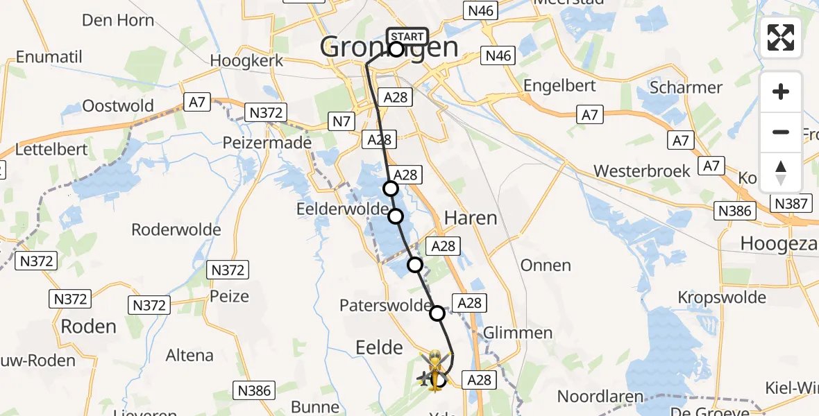 Vluchtroute Traumahelikopter van Universitair Medisch Centrum Groningen naar Groningen Airport Eelde