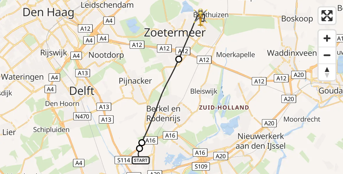 Vluchtroute Traumahelikopter van Rotterdam The Hague Airport naar Zoetermeer