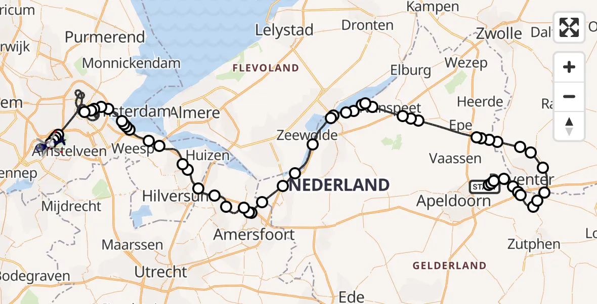 Vluchtroute Politiehelikopter van Vliegveld Teuge naar Amsterdam Vliegveld Schiphol