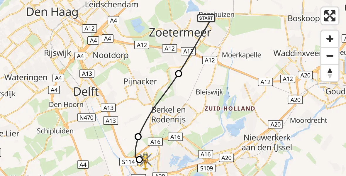 Vluchtroute Traumahelikopter van Zoetermeer naar Rotterdam The Hague Airport