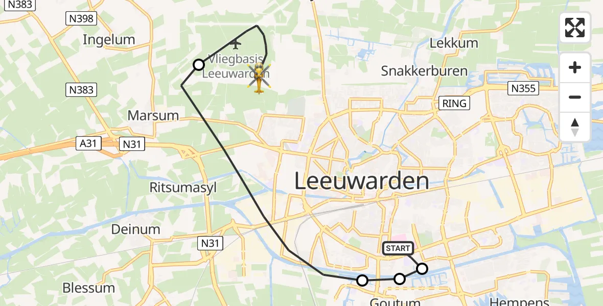 Vluchtroute Ambulancehelikopter van Leeuwarden Medical Center Heliport naar Vliegbasis Leeuwarden