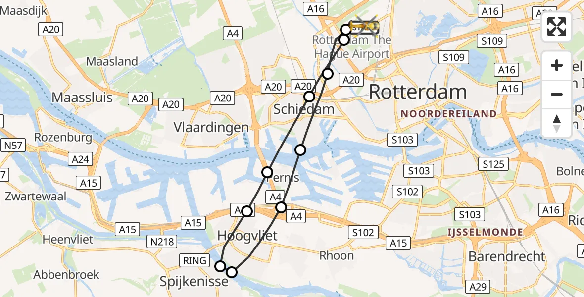 Vluchtroute Traumahelikopter van Rotterdam The Hague Airport naar Rotterdam The Hague Airport