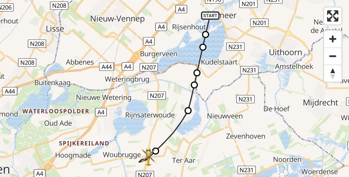 Vluchtroute Traumahelikopter van Aalsmeer naar Woubrugge